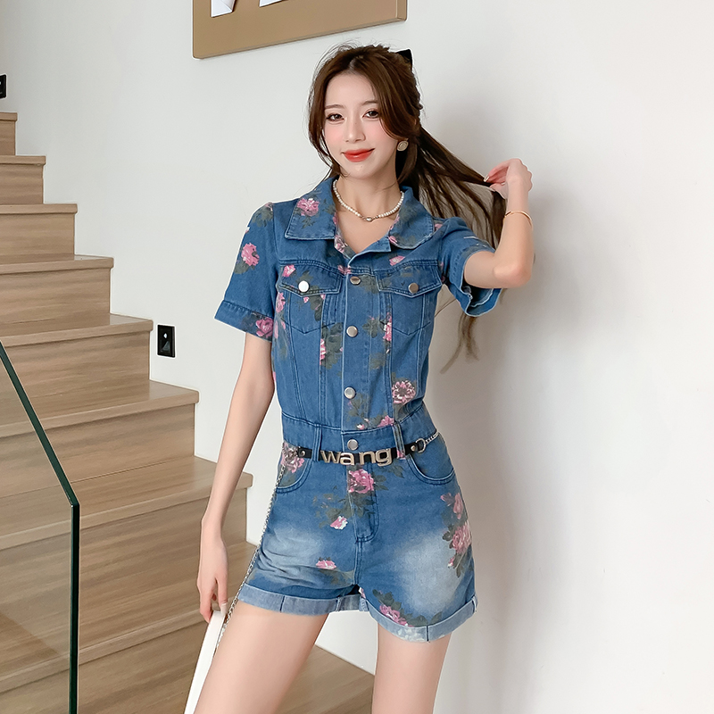 Printing lapel jumpsuit pinched waist single-breasted shorts