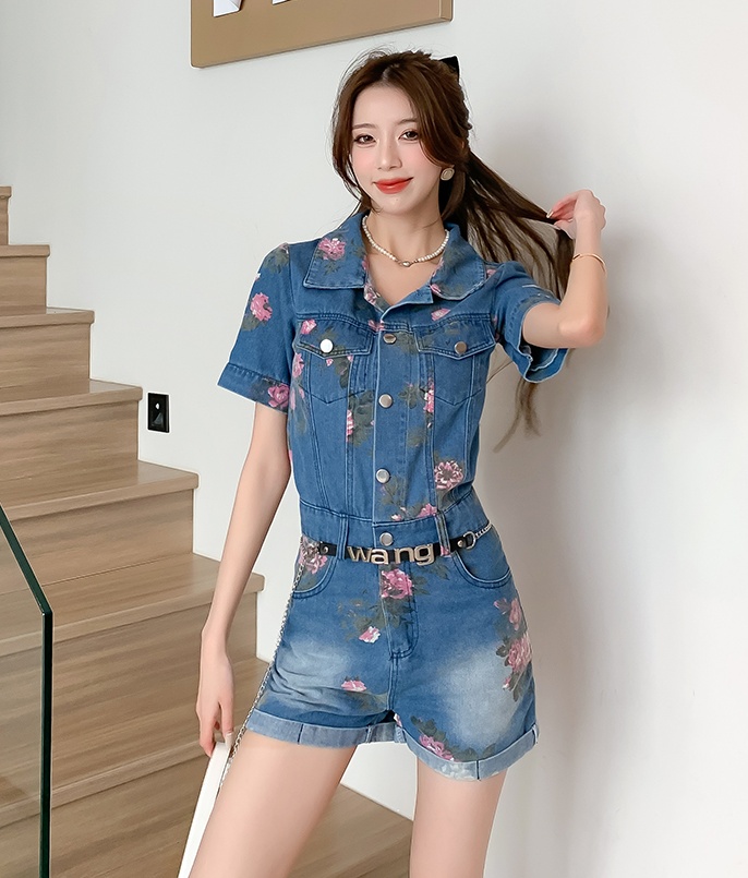 Printing lapel jumpsuit pinched waist single-breasted shorts