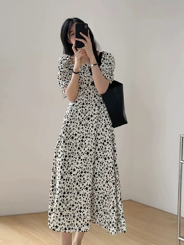 Floral pinched waist square collar summer dress for women