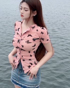 Butterfly pink T-shirt printing summer tops for women
