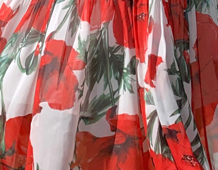Temperament red flowers big skirt elastic waist dress