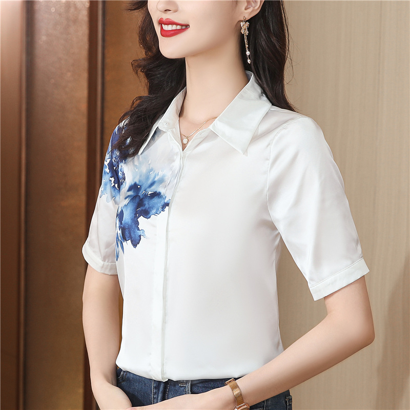 Short sleeve silk printing shirt ink summer tops for women