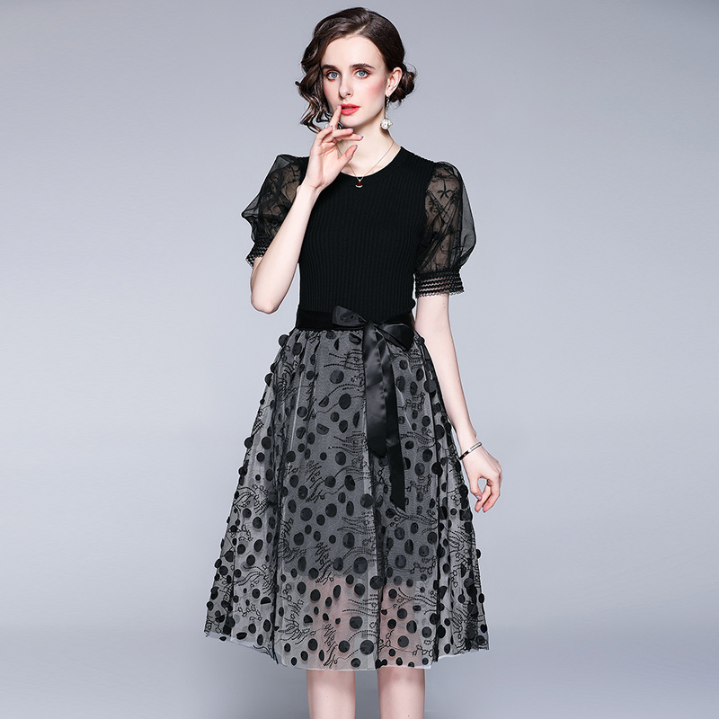 Black knitted ice silk dress gauze slim long dress