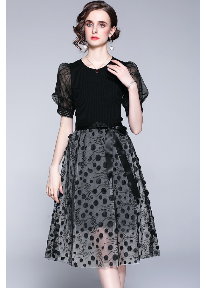 Black knitted ice silk dress gauze slim long dress