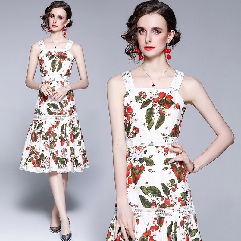 Printing European style pure cotton sling light summer dress