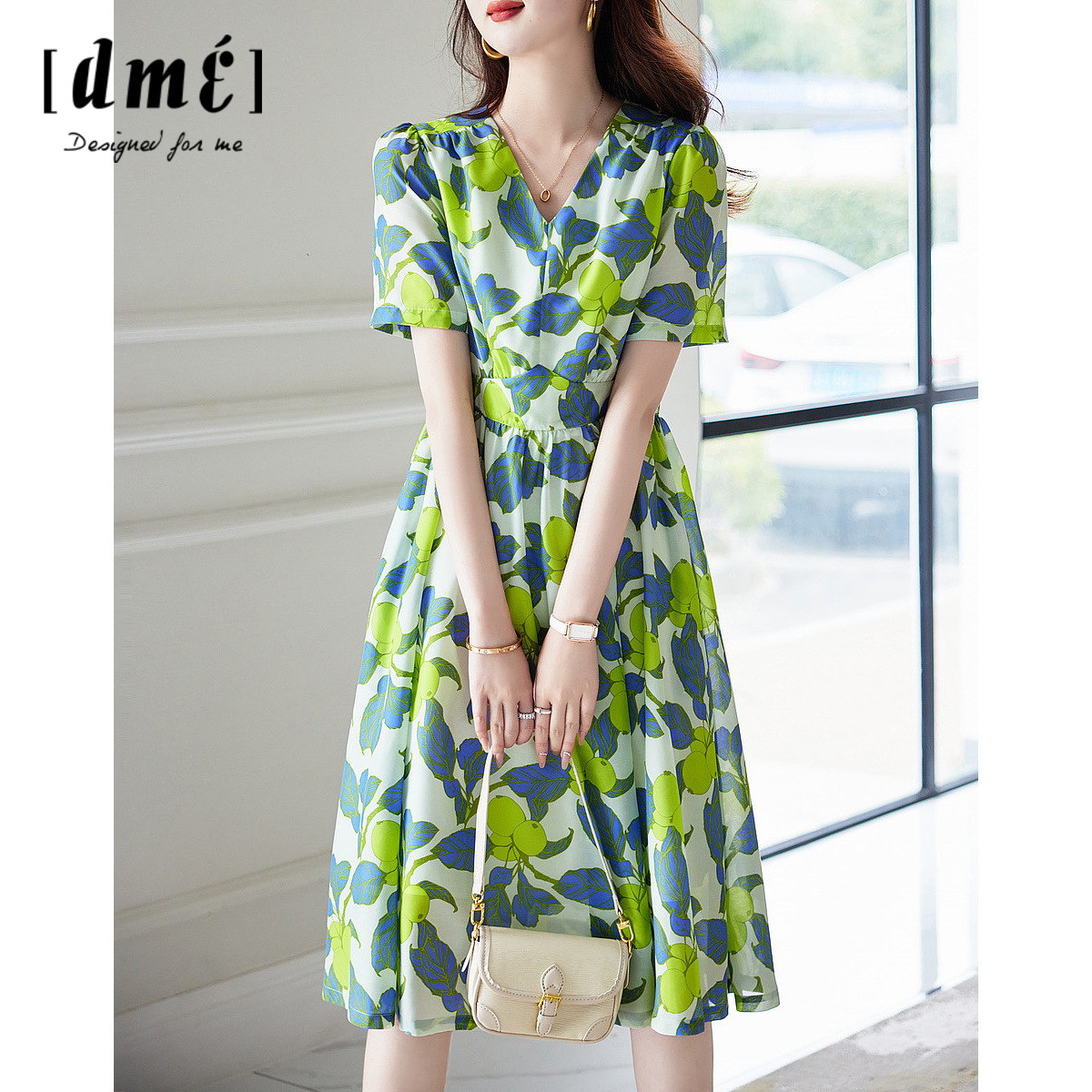 Summer V-neck all-match elegant printing dress for women