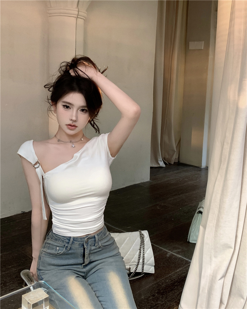 Sexy antique silver buckle short shoulder white tops