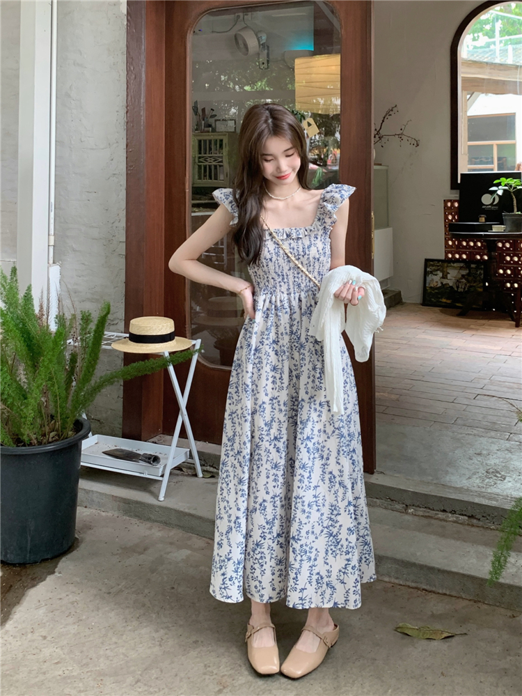 Vacation pinched waist strap dress blue slim dress for women
