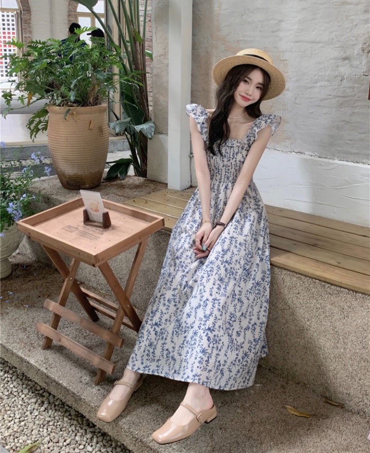 Vacation pinched waist strap dress blue slim dress for women