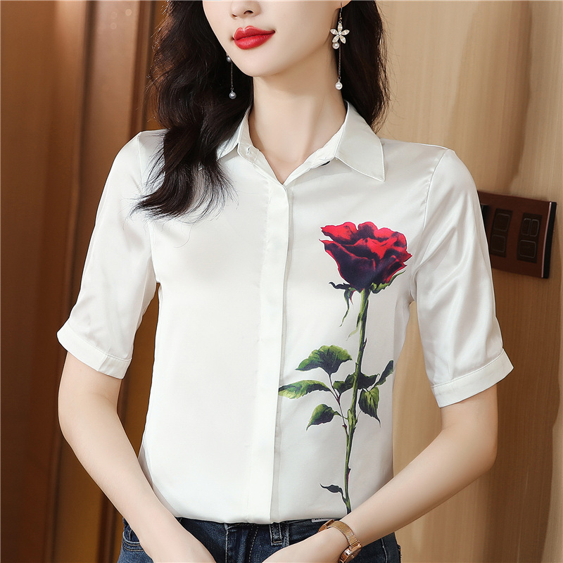 Short sleeve real silk shirt temperament tops for women