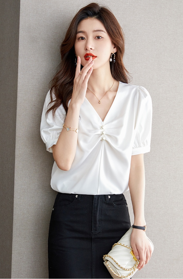 Fold V-neck pure tops short sleeve pullover shirt for women