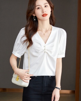Fold V-neck pure tops short sleeve pullover shirt for women