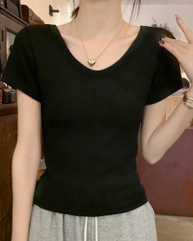 Short sleeve cotton T-shirt summer V-neck clavicle for women