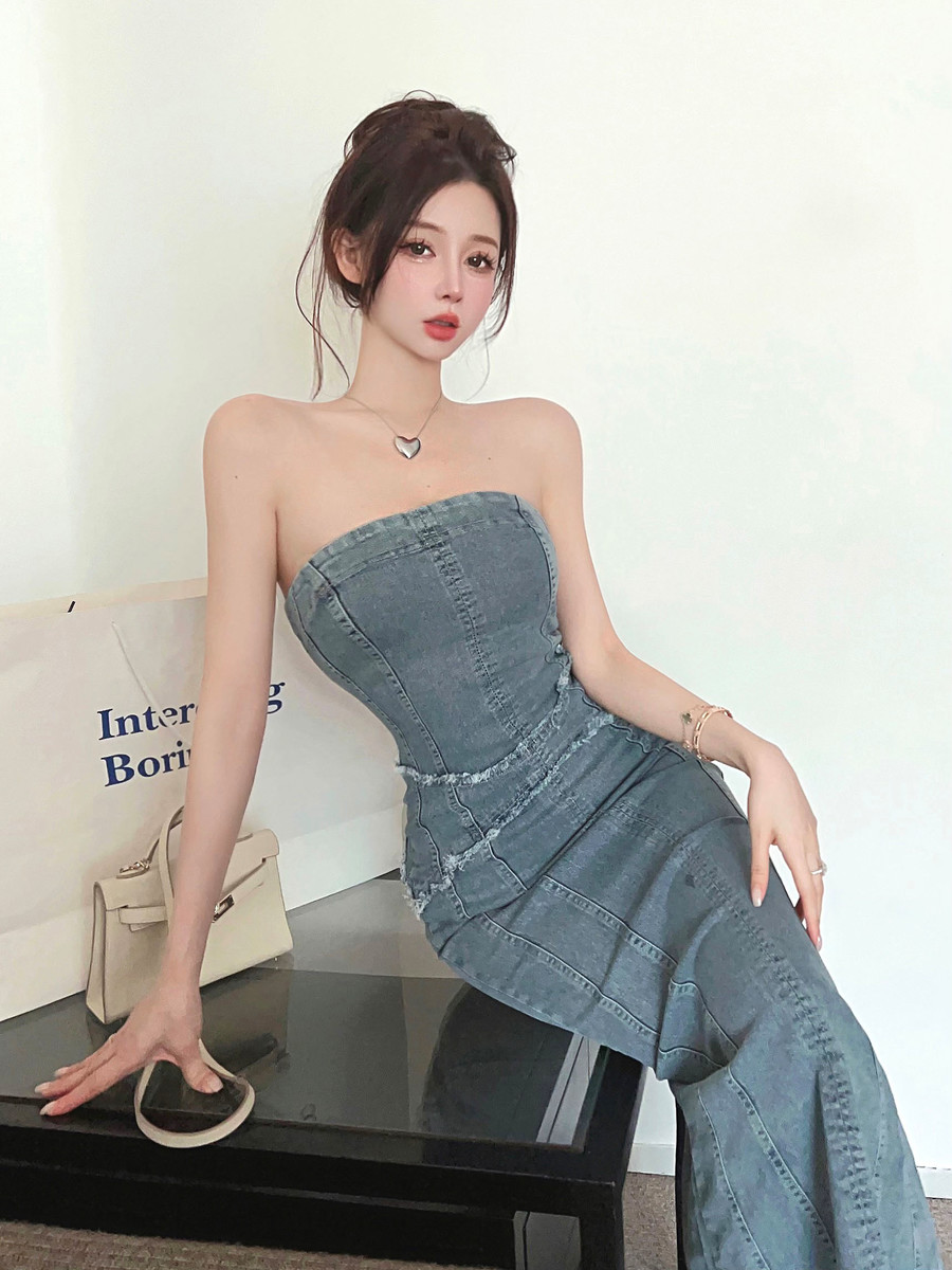 Washed Western style dress denim split long dress