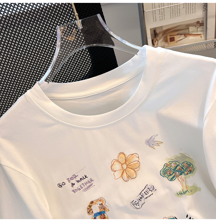Printing embroidery T-shirt short sleeve white tops for women