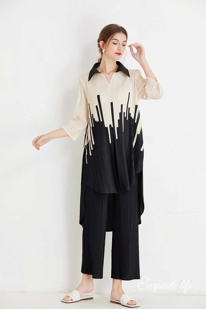 Fold wide leg fashion lapel slim shirt 2pcs set