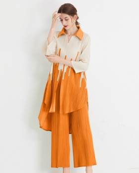Fold wide leg fashion lapel slim shirt 2pcs set