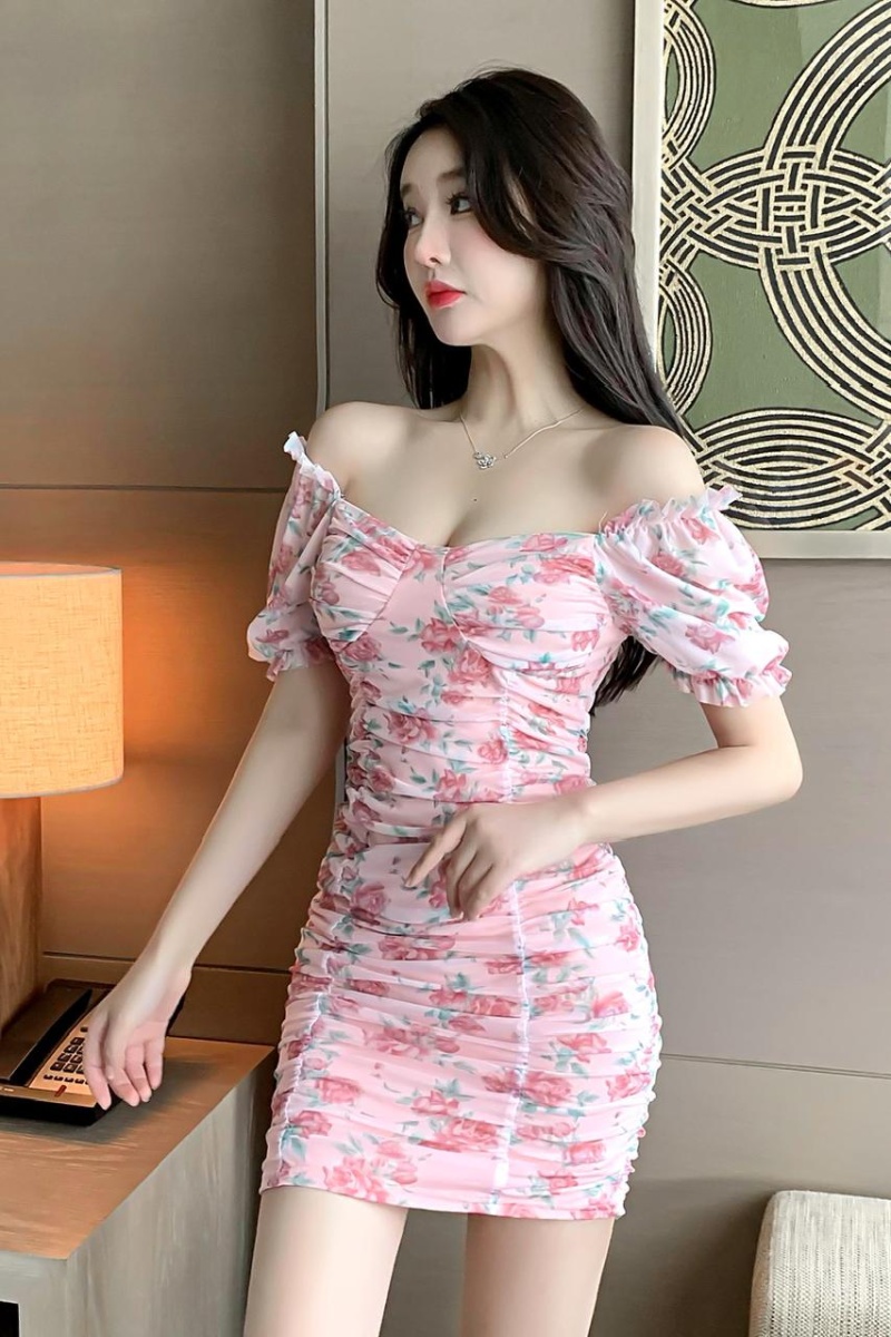 Slim floral clavicle package hip temperament dress