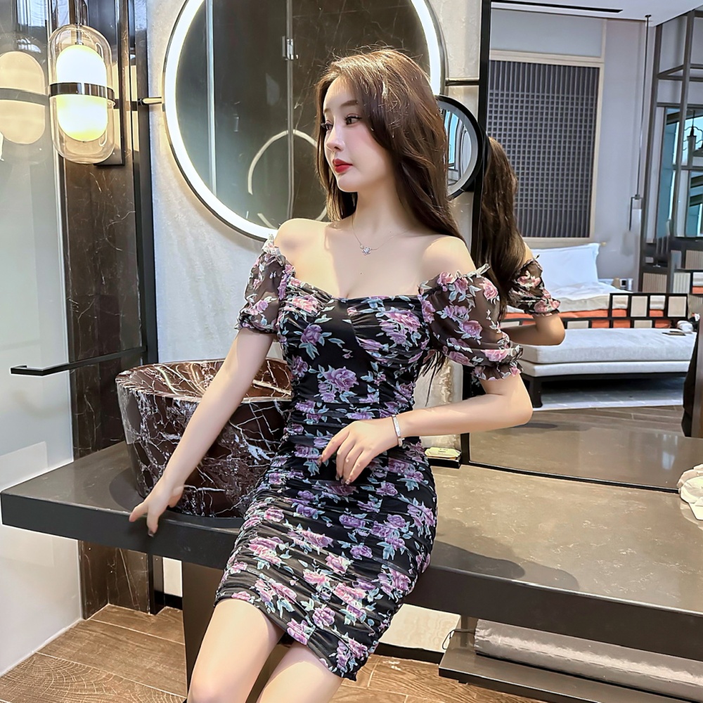 Slim floral clavicle package hip temperament dress