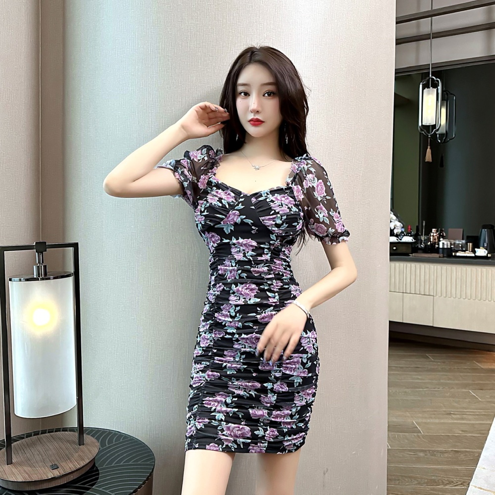 Slim floral clavicle package hip temperament dress