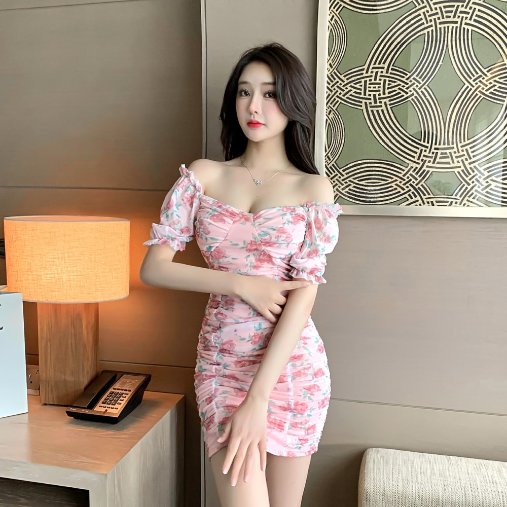 Slim floral clavicle package hip temperament dress