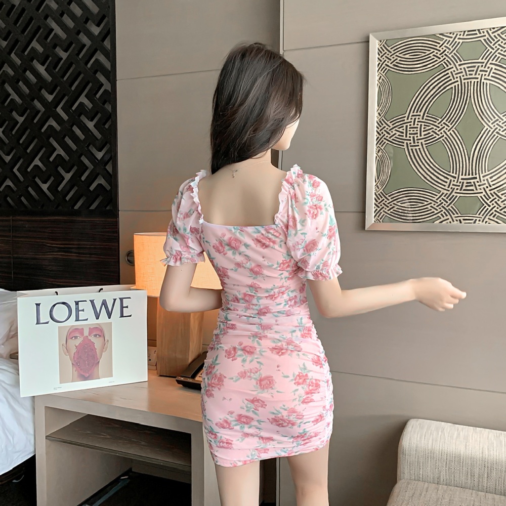 Slim floral clavicle package hip temperament dress