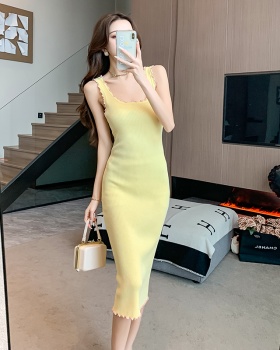 Slim knitted long retro vest yellow lace package hip dress