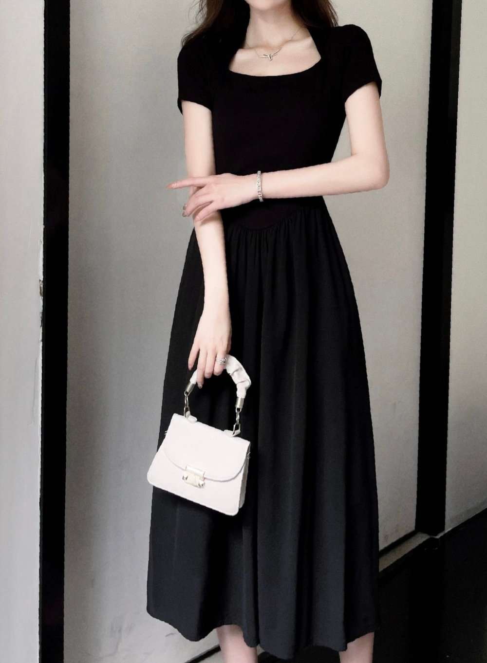 Pinched waist exceed knee long dress France style dress