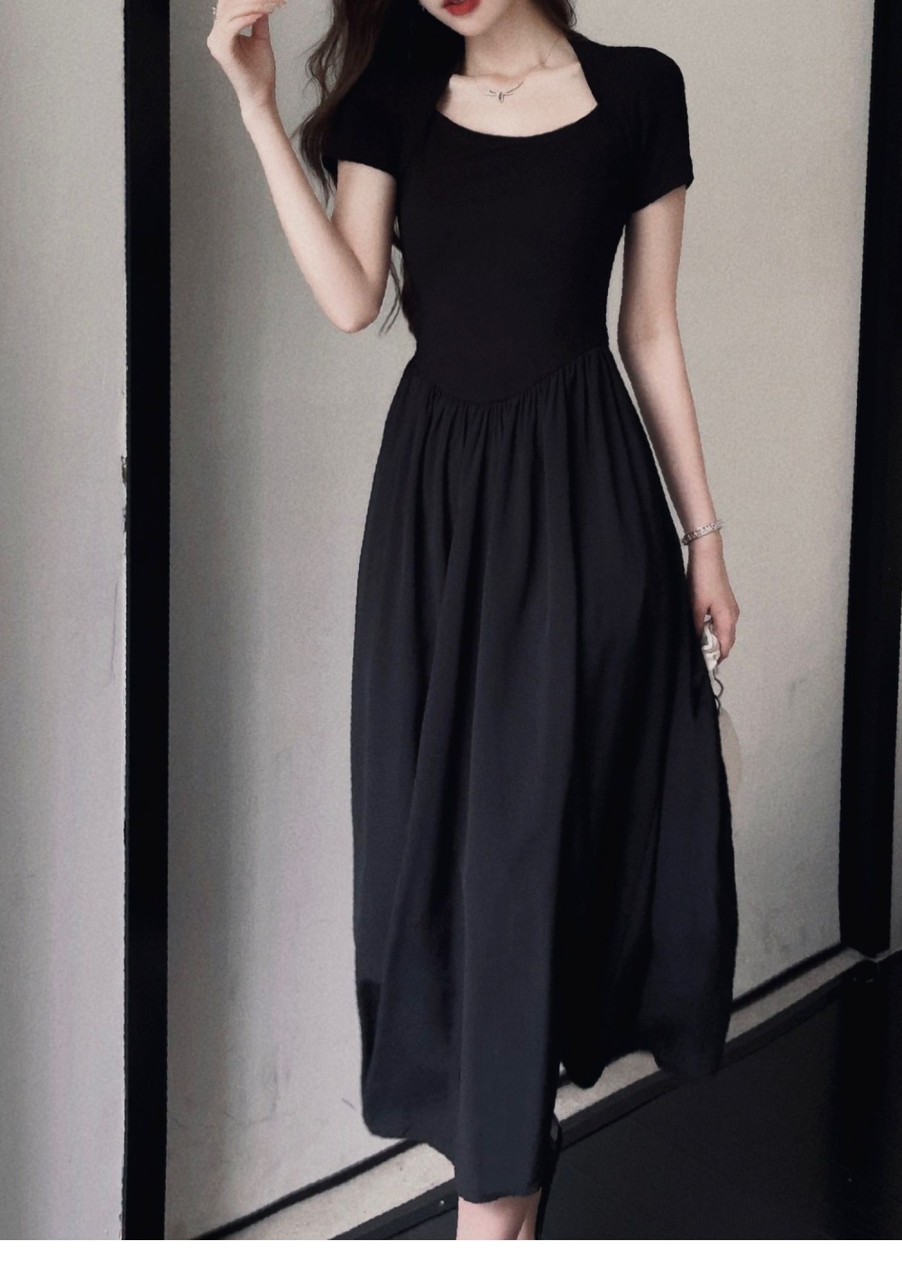 Pinched waist exceed knee long dress France style dress