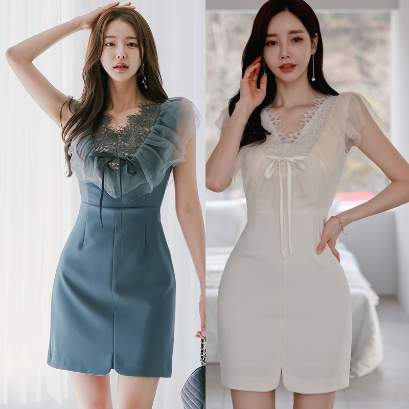 Temperament splice slim fresh package hip lace Korean style dress