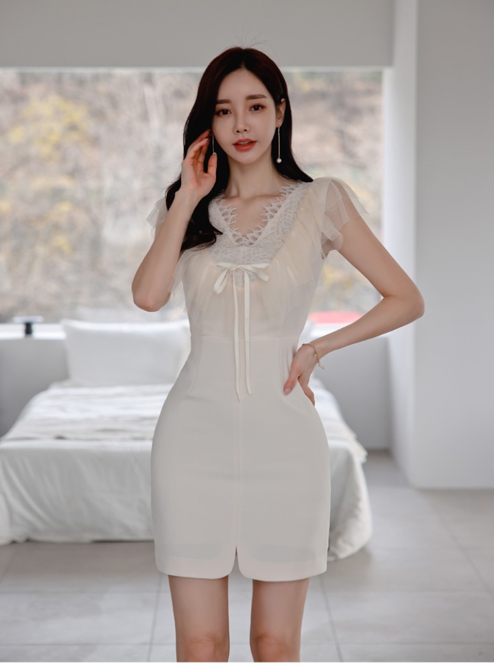Temperament splice slim fresh package hip lace Korean style dress