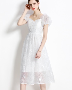 Sweet France style embroidery puff sleeve dress for women