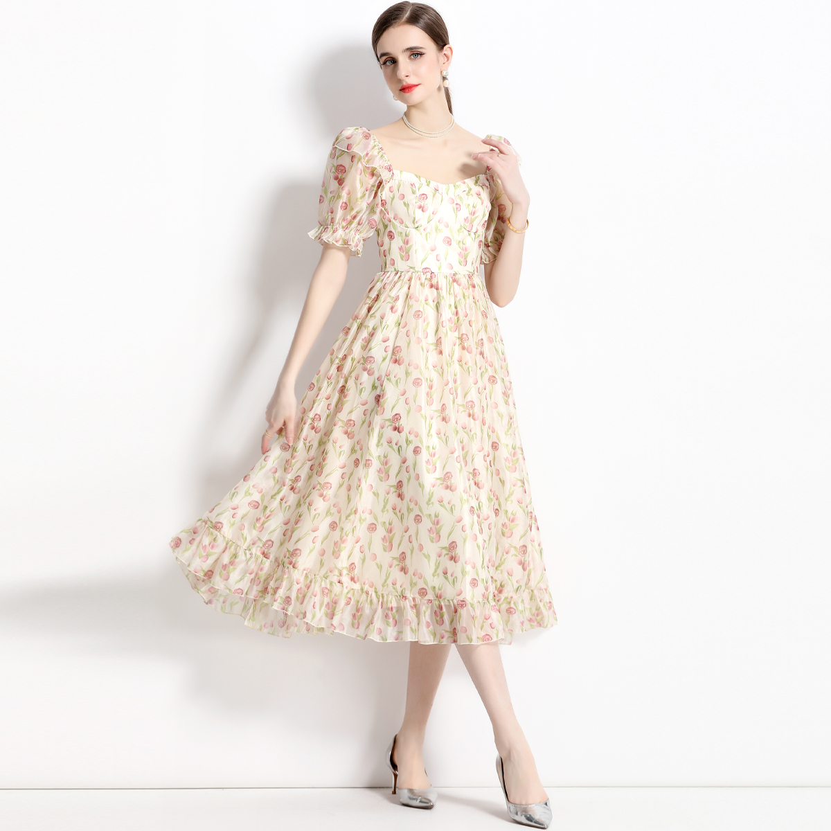 Slim pinched waist floral square collar commuting quality dress