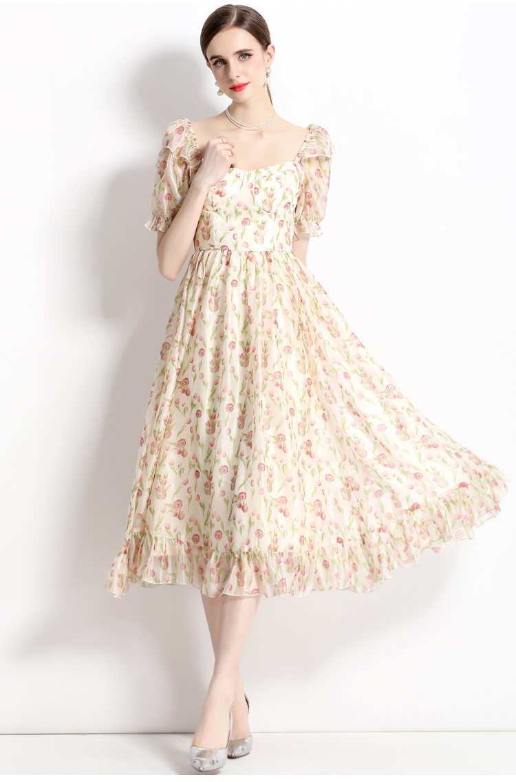Slim pinched waist floral square collar commuting quality dress