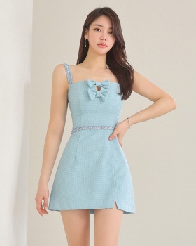 Slim strap collar wrapped chest pinched waist slit bow dress