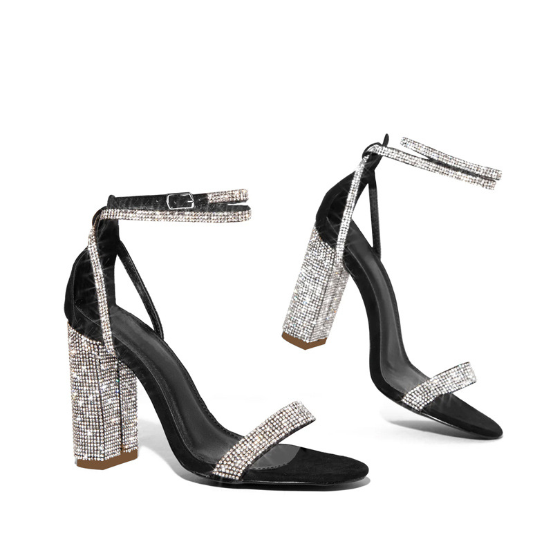 Open toe thick high-heeled rhinestone sandals for women