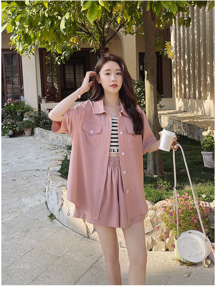 Loose summer Korean style tops pink Casual shirt 2pcs set