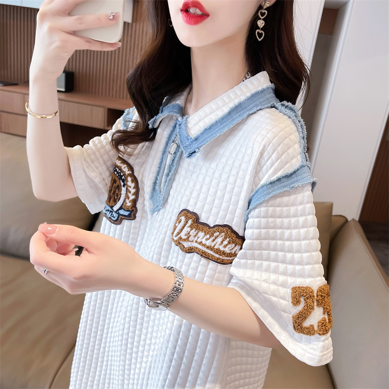 Denim loose jacquard T-shirt splice embroidery tops for women