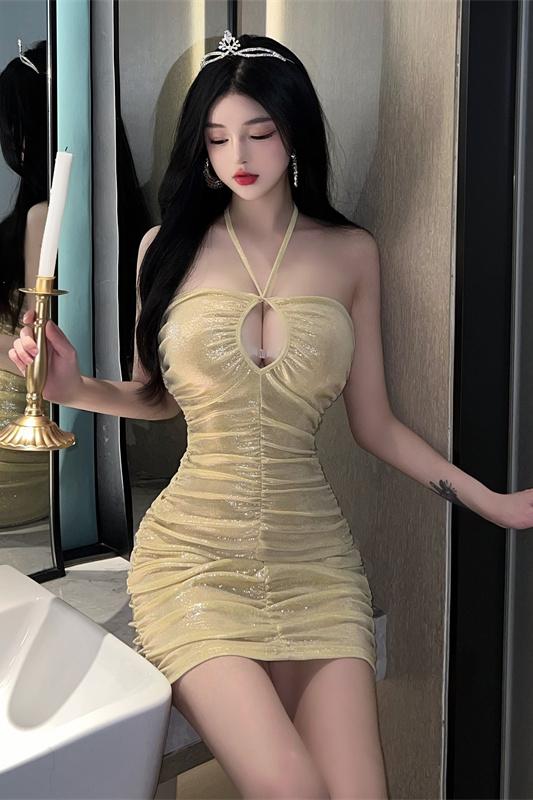 Hollow halter frenum tight spicegirl sexy dress for women