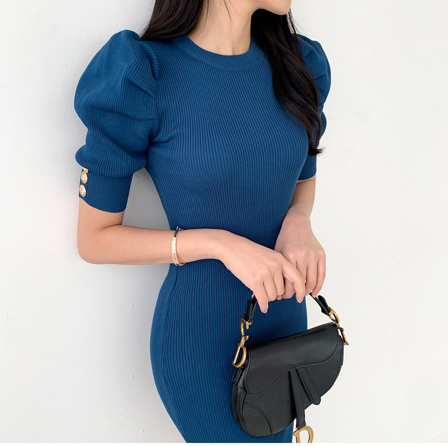 Slim knitted T-back puff sleeve dress for women