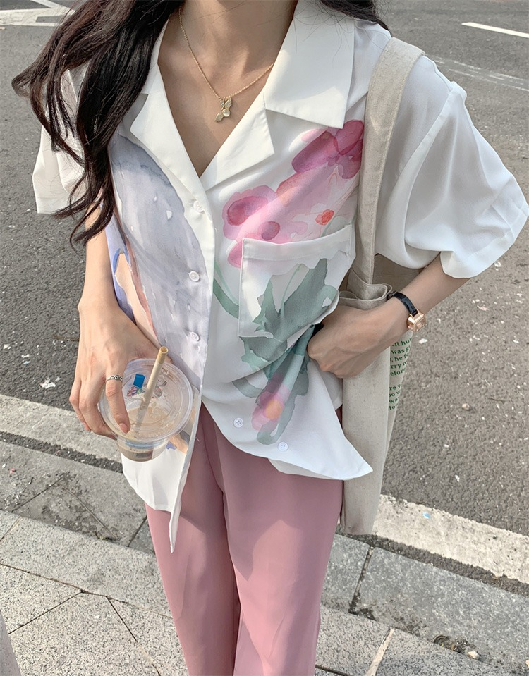 Printing summer slim tops thin retro shirt for women