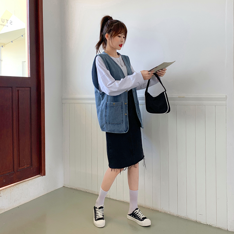 Korean style sleeveless tops denim loose waistcoat for women