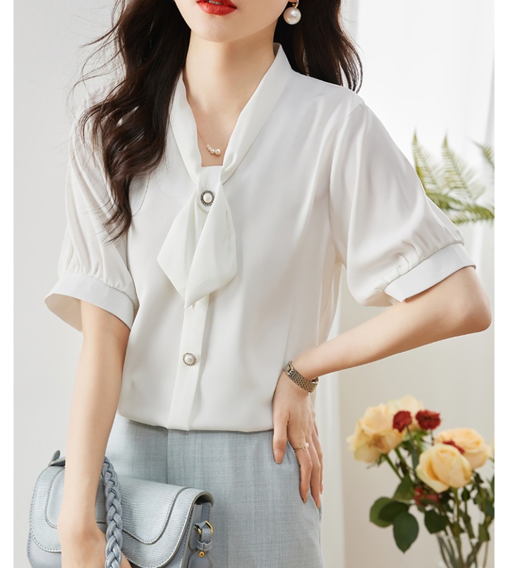 Short sleeve summer Korean style shirt all-match bow satin tops