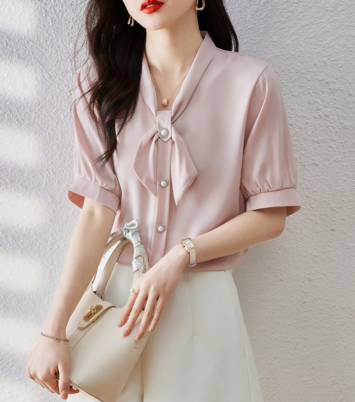 Short sleeve summer Korean style shirt all-match bow satin tops