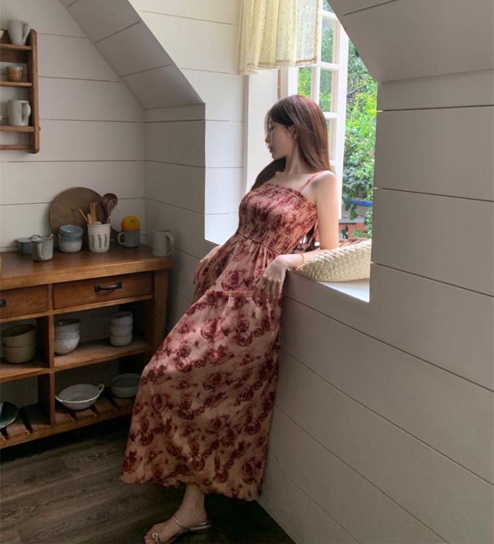 Sling long rose slim summer printing dress for women
