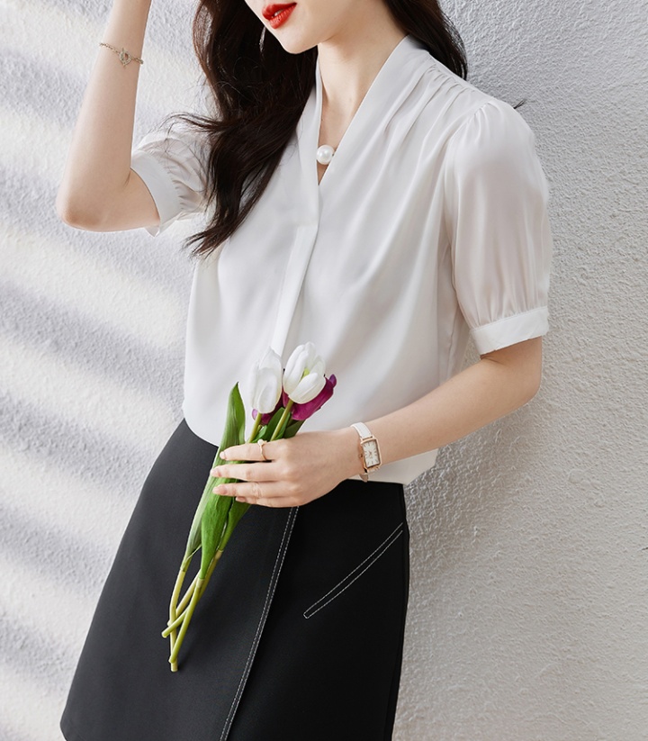 Korean style summer shirt satin V-neck tops for women