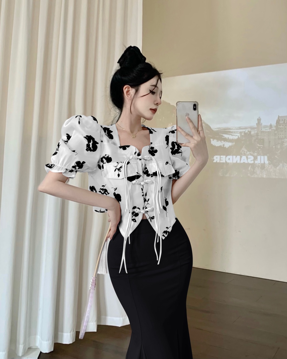 Puff sleeve printing summer skirt Chinese style short tops a set