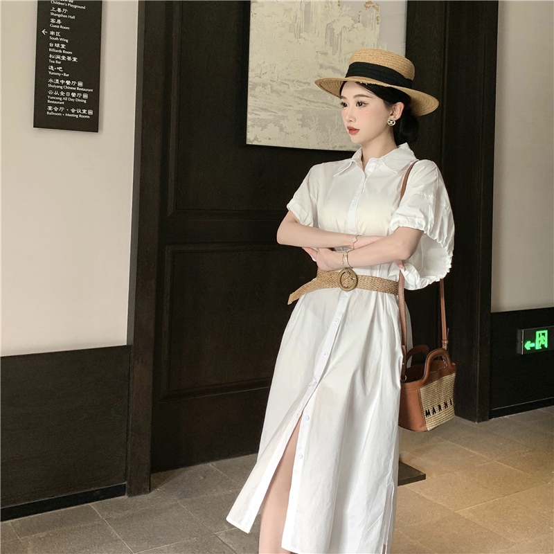 Summer Korean style France style lapel puff sleeve dress