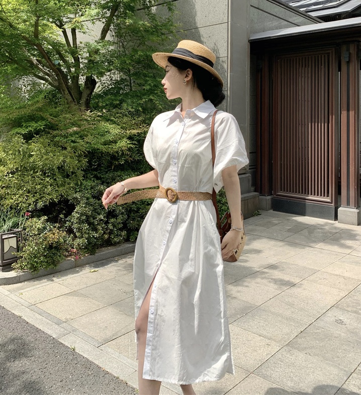 Summer Korean style France style lapel puff sleeve dress