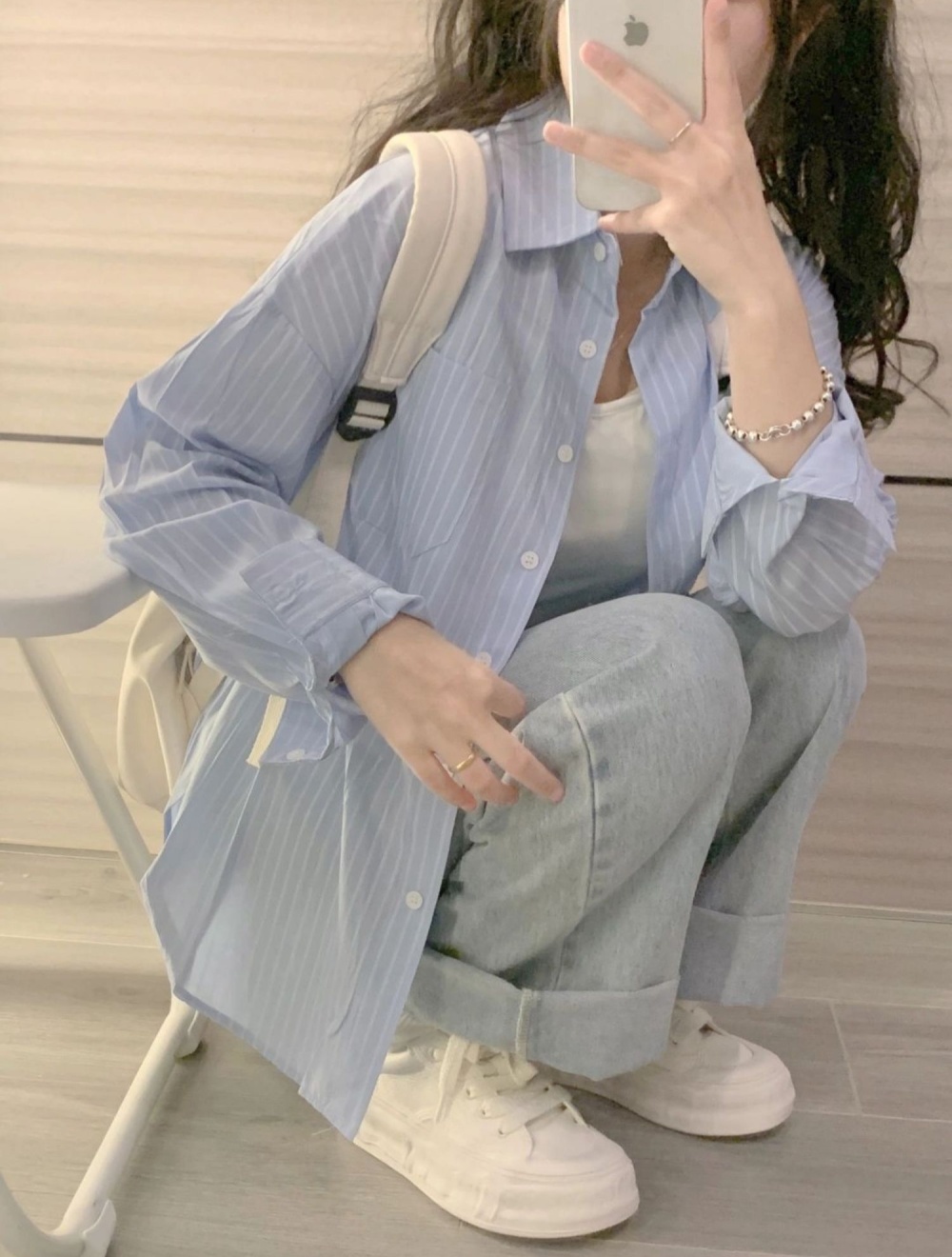 Long sleeve unique shirt blue stripe coat for women